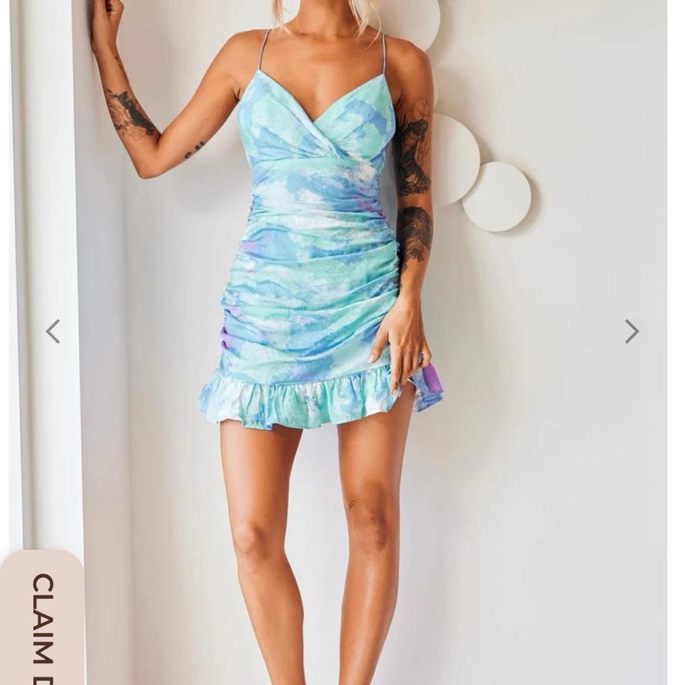 Sage Blue and White Ruffled Wrap Mini Dress